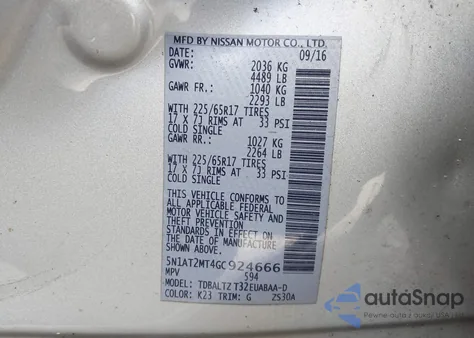 2016 Nissan Rogue Sv из США, поврежденный, VIN 5N1AT2MT4GC924666